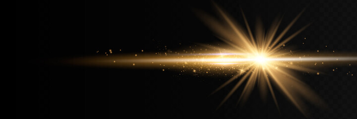 Yellow horizontal lens flares pack. Laser beams, horizontal light rays. Beautiful light flares. Glowing streaks on dark background. Luminous abstract sparkling lined background.