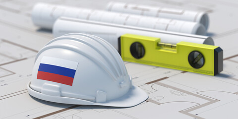 Russia flag Architect engineer hardhat on project blueprint plans, 3d illustration