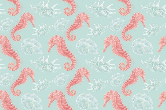 A pattern of watercolor illustrations of a seahorse, shells on a blue background, seamless 