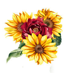 Watercolor sunflower bouquet isolated on white