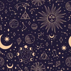 Foto op Canvas Astrology seamless pattern with constellations, planets and stars. Space galaxy, starry night textile fabric print vector background. Mystical and magical elements on cosmic sky with celestial bodies © Frogella.stock