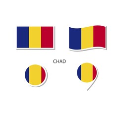 Chad flag logo icon set, rectangle flat icons, circular shape, marker with flags.