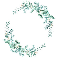 Watercolor greenery illustration. Eucalyptus frame border, for wedding stationary, greetings, wallpapers, fashion, background