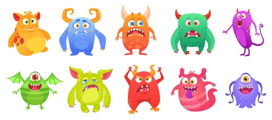 Cartoon cute monster character with funny faces. Quirky monsters, ugly scary troll, friendly alien, or ghost creature mascot vector set. Comic scary colorful beasts with teeth and horns