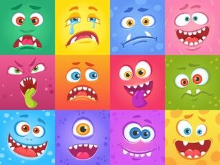 Cartoon funny monster faces in squares, cute monsters characters. Halloween spooky face, creatures with various emotions vector set. Aliens with different expressions as happy, crying and sad © Frogella.stock