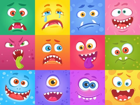 Cartoon funny monster faces in squares, cute monsters characters. Halloween spooky face, creatures with various emotions vector set. Aliens with different expressions as happy, crying and sad