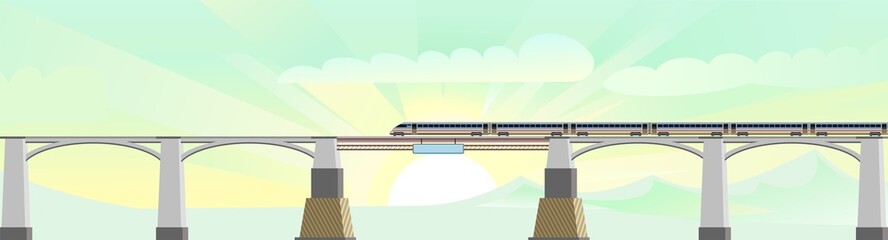 High-speed train on the bridge. Suburban transport. Railway with a locomotive. Sunrise. Modern outdoor landscape. Cityscape with the road. Flat style design. Vector