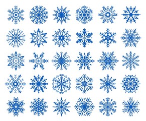 Winter snowflakes icons, ice flakes, snow crystals ornaments. Christmas snowflake decorations, blue frozen crystal silhouette vector set. Holiday decor, different ornament design and shape
