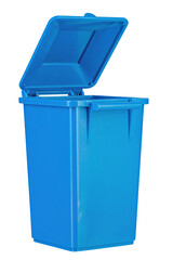 Waste bin with open lid in blue, isolated in white. Garbage recycling concept.