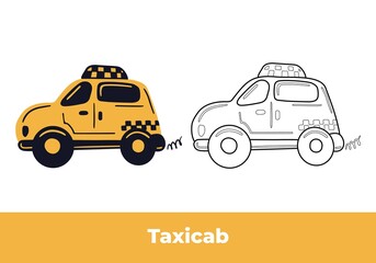 Coloring page and colorful clipart. Hand drawn yellow taxi car and black contour sketch. City transport. Cute kids vector illustration.