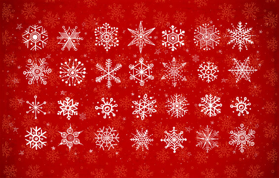 White hand drawn doodle snowflakes on red background