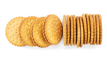 A stack of round delicious cookies with filling on a white background.