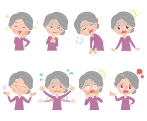 高齢者女性　喜怒哀楽　イラストセット