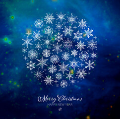 Christmas greeting card with white snowflakes on blue blurred sky background