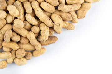Peanut in a shell on white background. Beer snacks. Healthy food concept.
