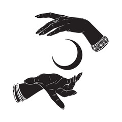 Fototapeta premium Hand drawn female witch hands holding crescent moon. Flash tattoo, sticker, patch or print design vector illustration.