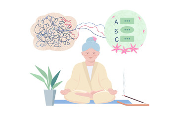 An elderly woman is meditating. The concept of bringing thought out of chaos into order. Yoga, a healthy lifestyle and thoughts. Flat vector illustration isolated on a white background.