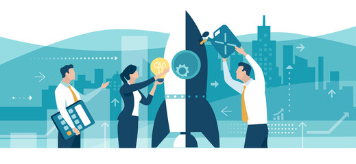 Start up. Cooperation. Teamwork. The team prepares the launch of the project. Business vector concept illustration
