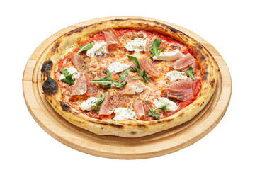 Delicious pizza served on a wooden plate isolated on a white background. Concept for advertising flyer and poster for restaurants or pizzerias.