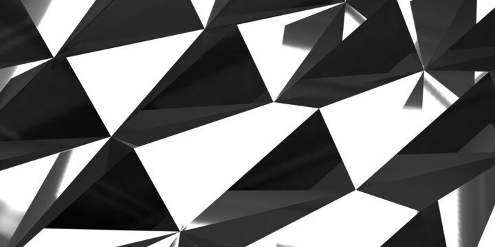 3D render abstract pattern triangle geometric shapes on black and white textured surface. Fractal background with large copy space