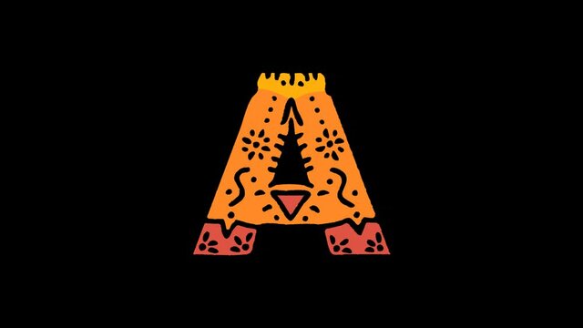 Letter A. 4K, Transparent Alpha channel. Cartoon Animation, Shake twitch effect. Ethnic ornament, national folk pattern in letter. 3 colors. Capital Letter A for ABC education, erudition, game.