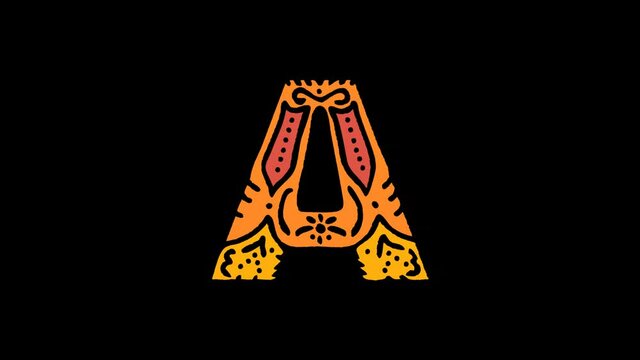 Letter A. 4K, Transparent Alpha channel. Ethnic ornament, national folk pattern in letter. 3 colors. Cartoon Animation. Capital Letter A for ad, ABC education, erudition, software, interface game.