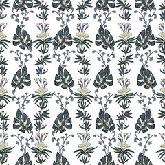 Tropical seamless pattern with hand drawn monstera palm leaves.
