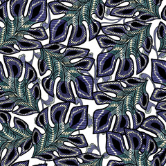 Tropical seamless pattern with hand drawn monstera palm leaves.