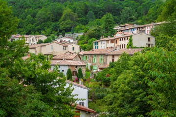 Fototapeta na wymiar Picturesque village in lush forest in the French Pyrenees. Montségur, Occitanie, France