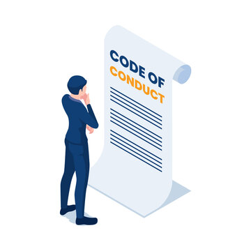 Isometric Businessman Reading Code Of Conduct Document
