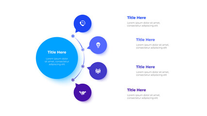 Flow chart infographic business template. Central circle with four circles around it. Vector info graphic design illustration with 4 steps