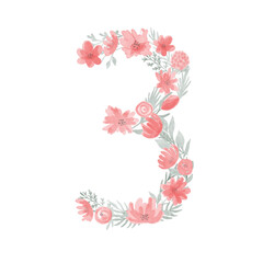 Fototapeta na wymiar Floral Watercolor Number 3.Number three Made of Flowers. Number Monogram