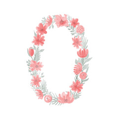 Floral Watercolor Number 0.Number zero Made of Flowers. Number Monogram