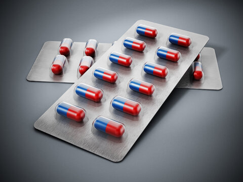 Medicine capsules inside blister packs. 3D illustration