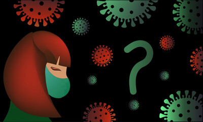 A pensive girl faces a choice. Vaccination or not. Question mark. Thinking woman, questions about COVID-19 vaccination, vector flat illustration. Viral background. Coronavirus treatment and prevention