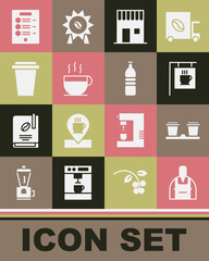 Set Barista, Coffee cup to go, Street signboard coffee, shop, menu and Bottle water icon. Vector