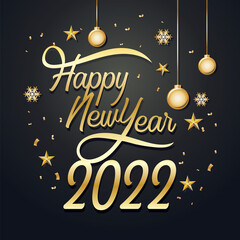 2022 Happy New Year greeting card with golden confetti. Gold and black celebration design. Luxury party template. Merry Christmas poster with text and light number decor. Vector illustration