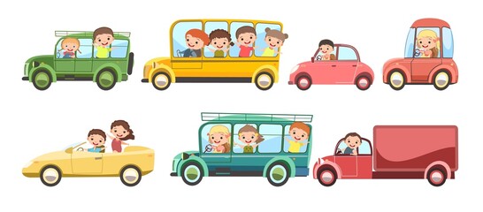 Childrens car. Set. Kids drives different cars, truck and school bus. Toy avehicle. With a motor. Nice passenger auto. Isolated over white background. Vector