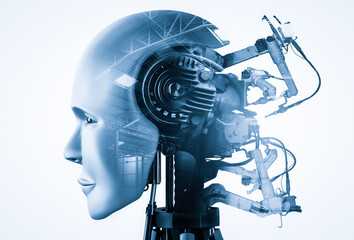 Mechanized industry robot and robotic arms double exposure image . Concept of artificial...