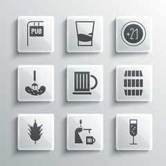 Set Beer tap with glass, Glass of champagne, Wooden barrel, beer mug, Hop, Pickled cucumber on fork, Street signboard Pub and Alcohol 21 plus icon. Vector