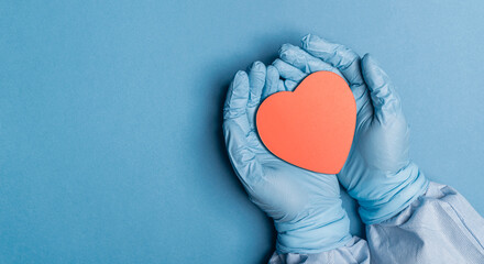 hand of doctor in blue latex glove holding red heart on blue background,heart health and donation, world health day concept.