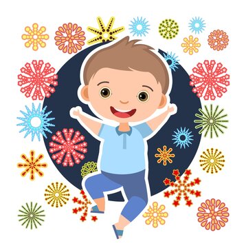 Child with salute. Little boy. In fashionable clothes. Fireworks at birthday party. Kid is jumping for joy at party. Charming active cute character kid. Birthday. Cartoon style. Isolated. Vector