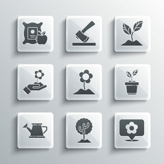 Set Tree, Location with flower, Plant in pot, Flower, Watering can, Hand holding, Apple the sack and icon. Vector