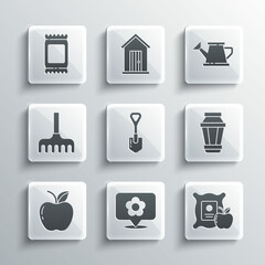 Set Location with flower, Apple in the sack, Garden light lamp, Shovel, rake, Fertilizer bag and Watering can icon. Vector