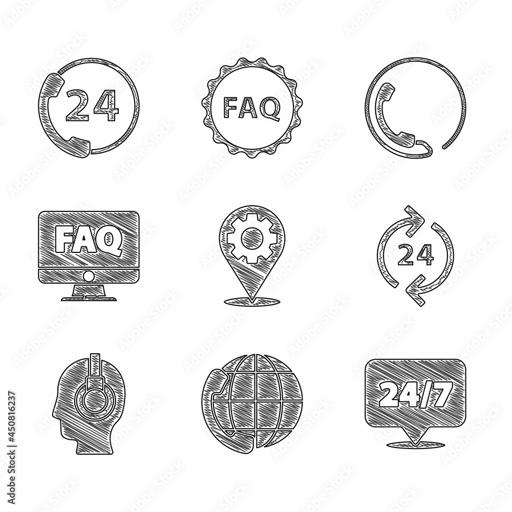 Poster set location with gear, telephone 24 hours support, clock, support operator in touch, computer monit