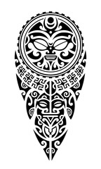 Tattoo sketch maori style for leg or shoulder with turtle, sun symbols face and swastika. - obrazy, fototapety, plakaty
