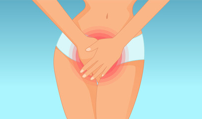 Vector of a young woman with hands holding her crotch lower abdomen