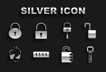 Set Password protection, Open padlock, Key, Safe combination, Broken cracked, Lock picks for picking, and icon. Vector