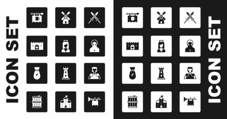 Set Crossed medieval sword, Princess, Medieval castle gate, Street signboard with Bar, Monk, Windmill, knight and Old money bag icon. Vector