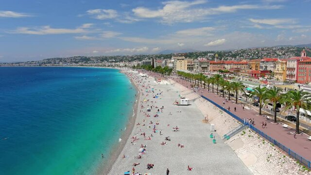 Nice: Aerial view of city in France, beach and blue waters of Mediterranean Sea - landscape panorama of Europe from above